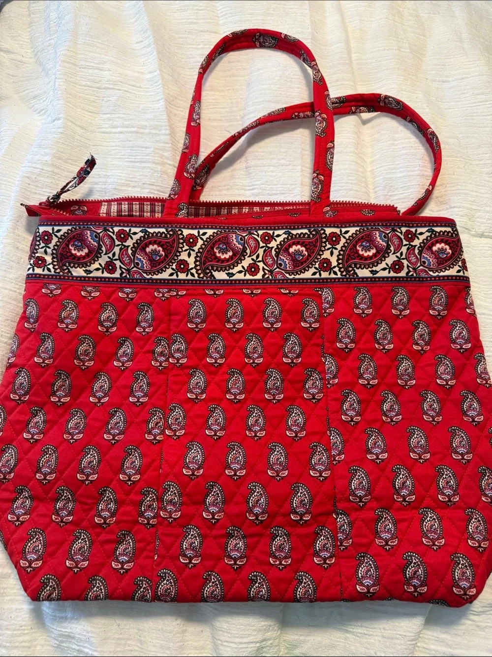 Vera Bradley Red Paisley Quilted Tote with Cream Trim